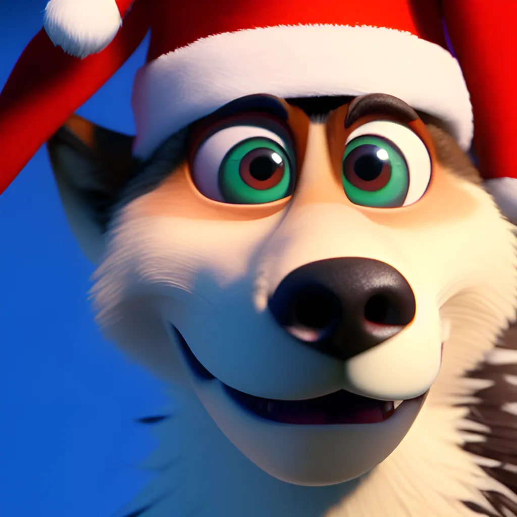 a close up, a wolf wearing a santa hat